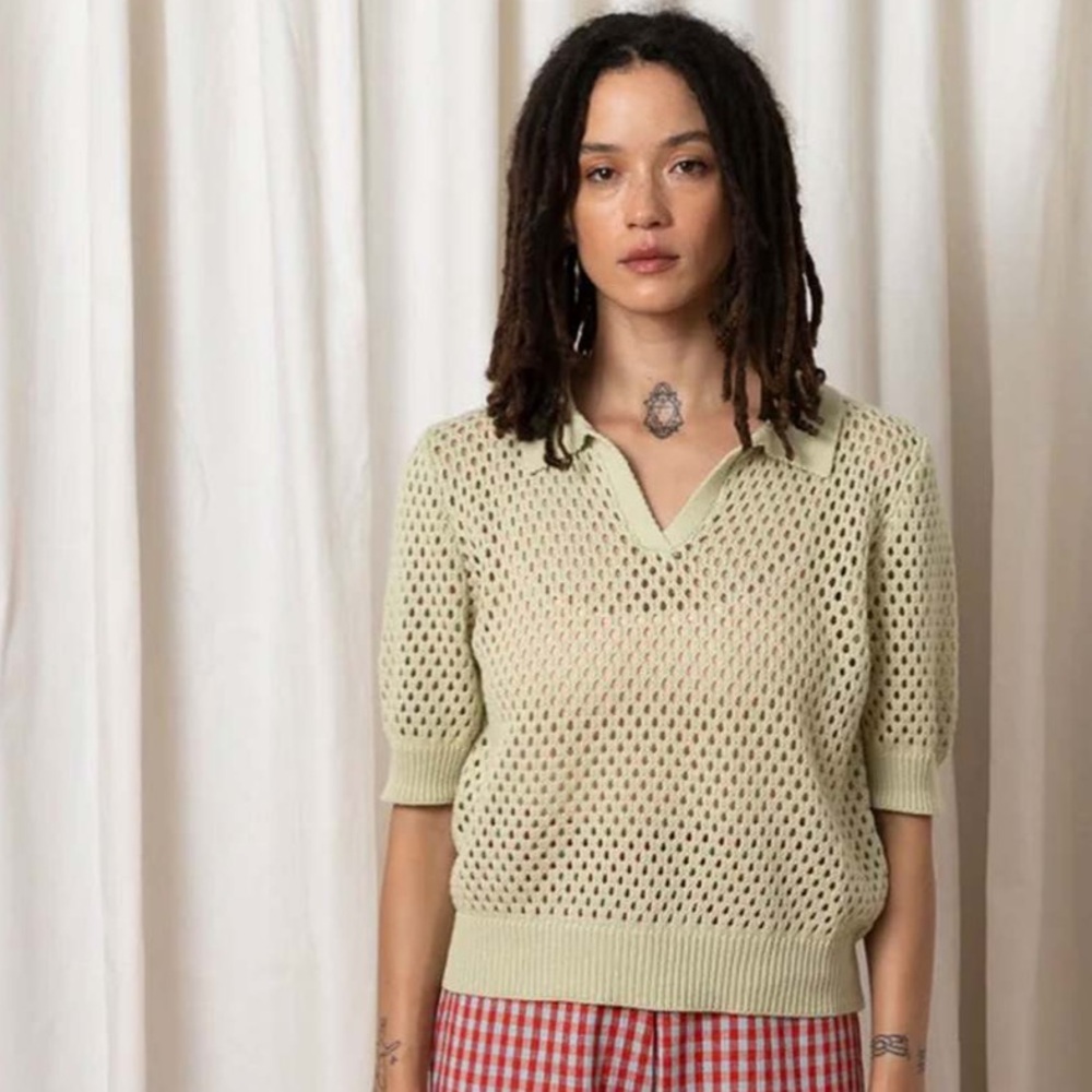 Ali Golden Green V-Neck Sweater with Open-Knit Design